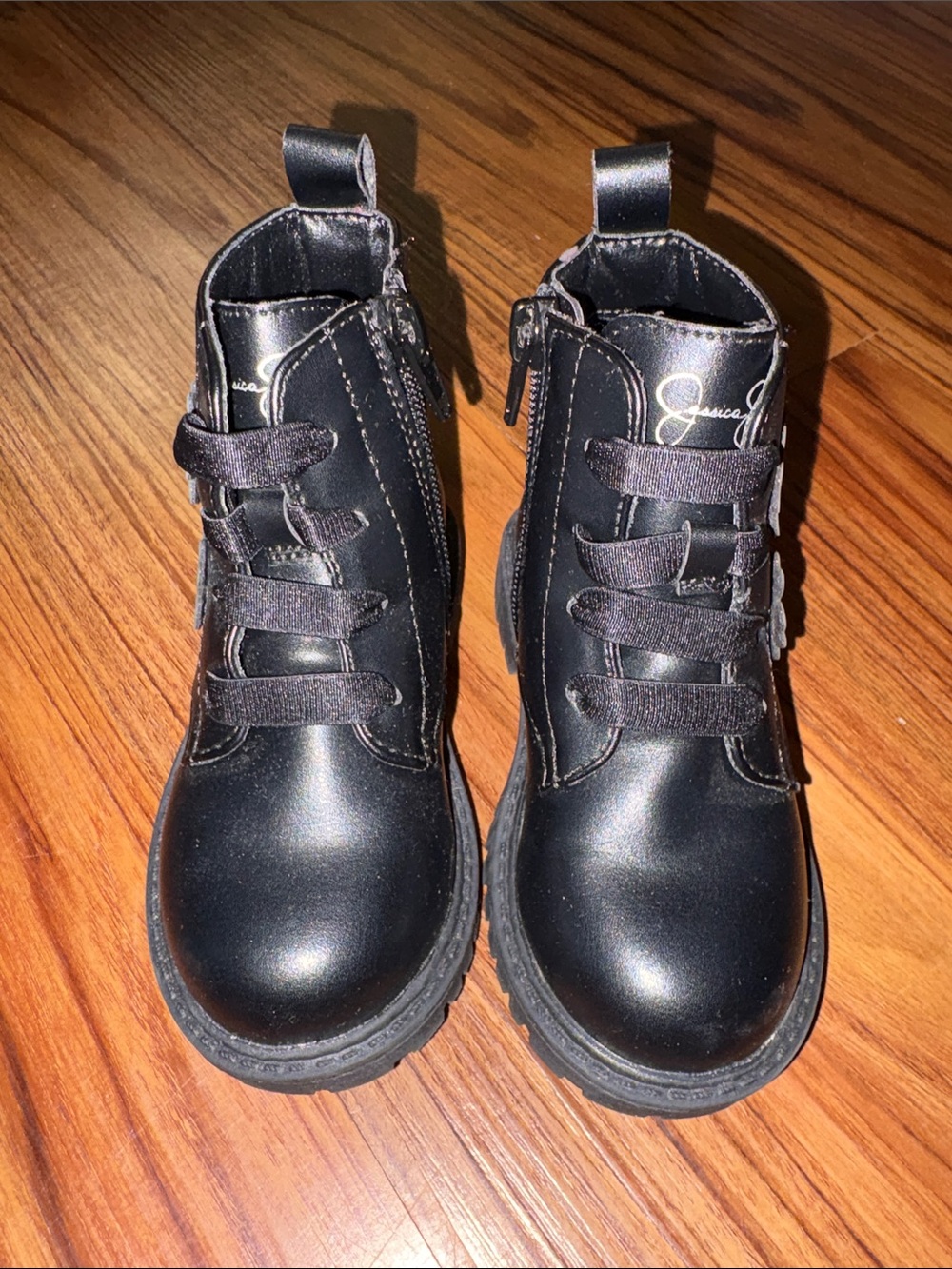 Jessica Simpson Black Faux Leather Combat Boots with Floral Appliqué Detail Sz 7